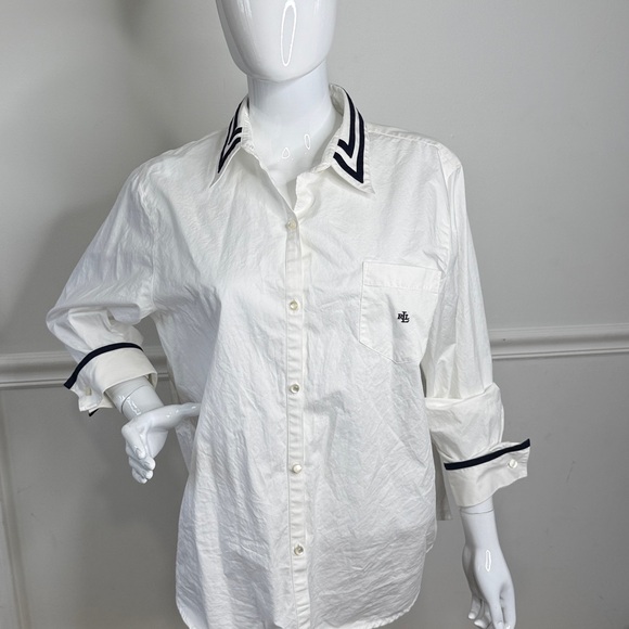 Ralph Lauren 100% Cotton White Button-Up with Navy collar and cuff trim accents - Picture 11 of 11